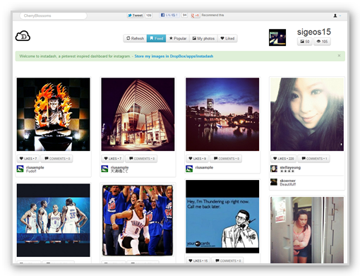 InstagramをPinterestのようなUIで見られる「Instadash」Dropboxに自動保存も可能