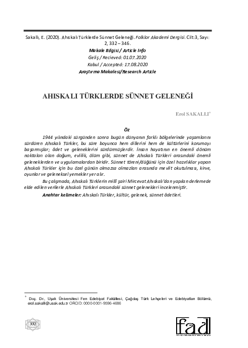 First page of “Ahiskali Türklerde Sünnet Geleneği̇ Ve Sünnet Uygulamalari”