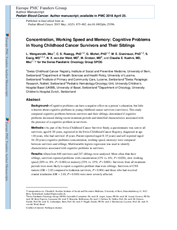 First page of “Concentration, working speed and memory: Cognitive problems in young childhood cancer survivors and their siblings”