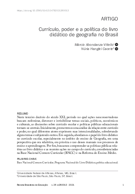 First page of “Currículo, poder e a política do livro didático de geografia no Brasil”