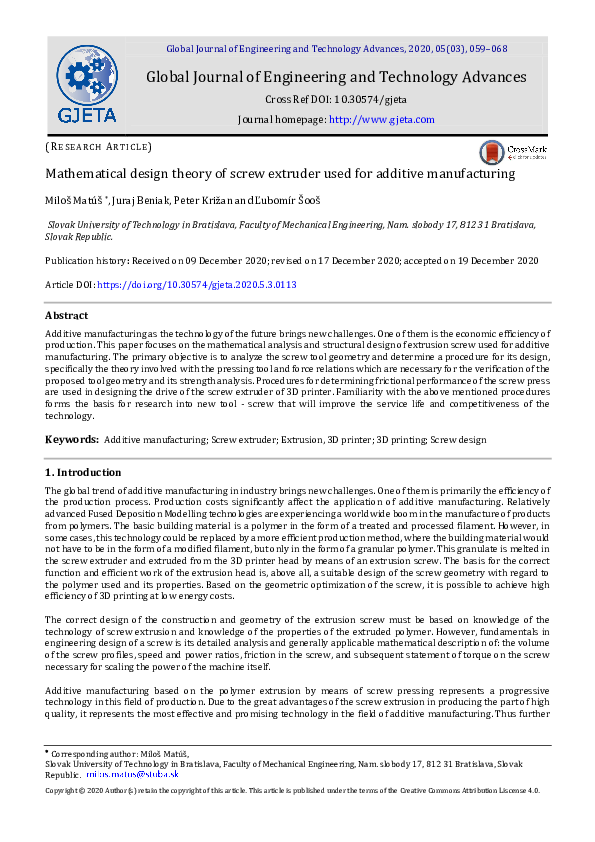 First page of “Mathematical design theory of screw extruder used for additive manufacturing”