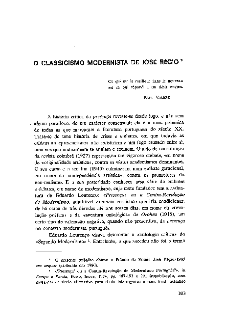 First page of “O classicismo modernista de José Régio”