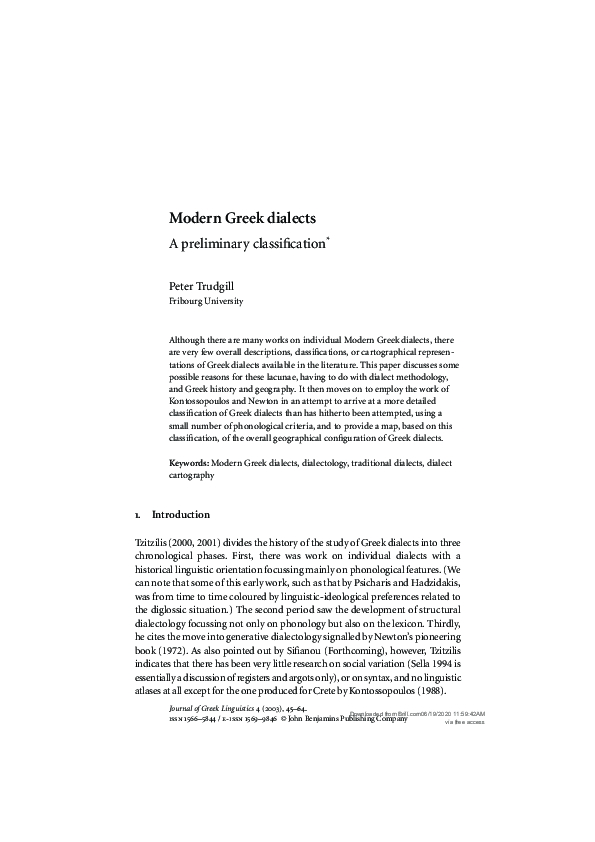 First page of “Modern Greek dialects: A preliminary classification”