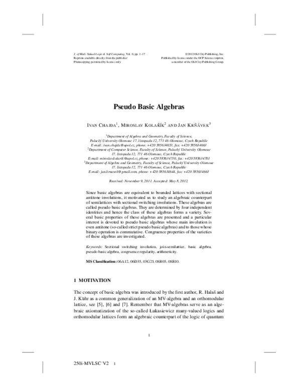 First page of “Pseudo Basic Algebras”