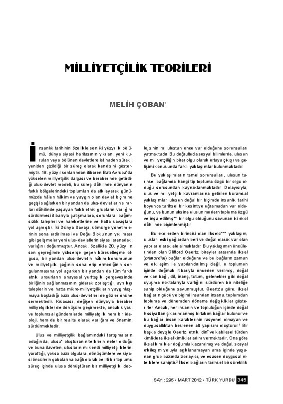 First page of “Milliyetçilik Teorileri”