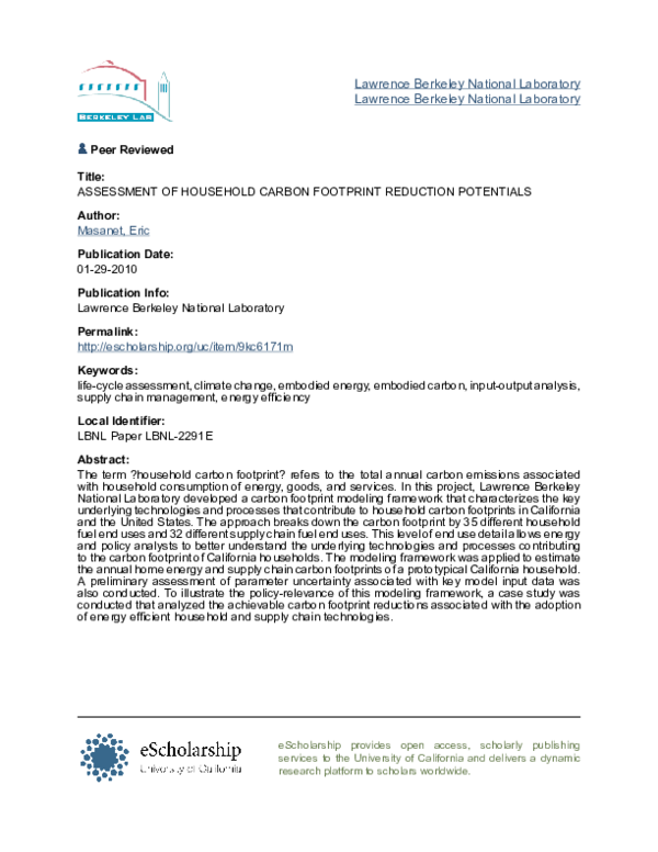 First page of “ASSESSMENT OF HOUSEHOLD CARBON FOOTPRINT REDUCTION POTENTIALS”