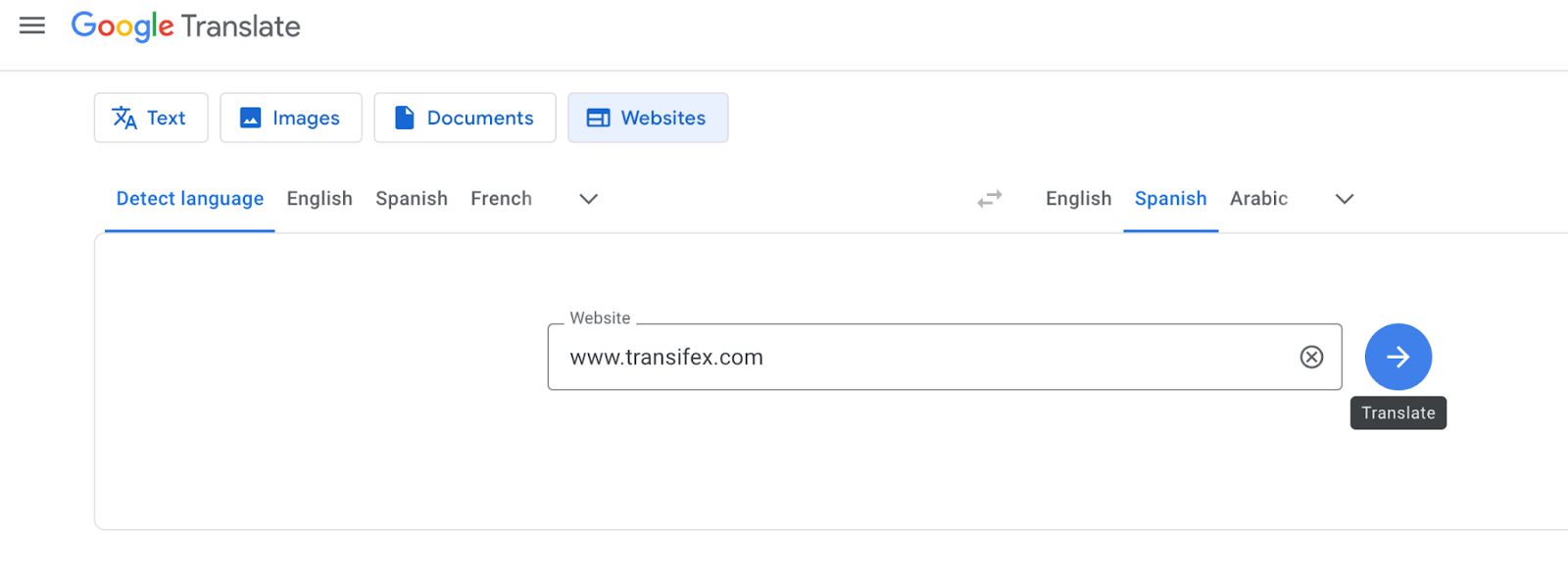 website translation using google translate example