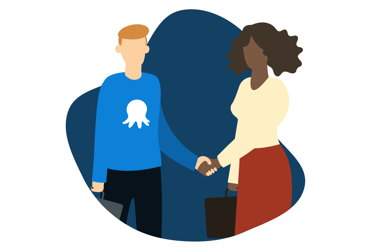 Cartoon showing man with ginger hair wearing blue Octopus Deploy t-shirt shaking hands with a lady wearing a yellow top and red dress