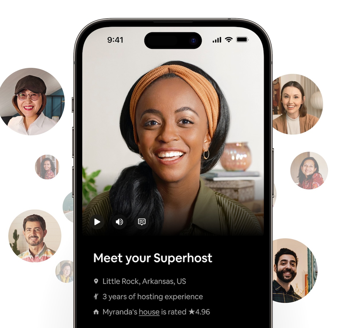 A smiling Superhost in the Airbnb app. Text informs us that her name is Myranda, she has three years’ experience hosting in Little Rock and her Airbnb rating is 4.96 stars out of 5.