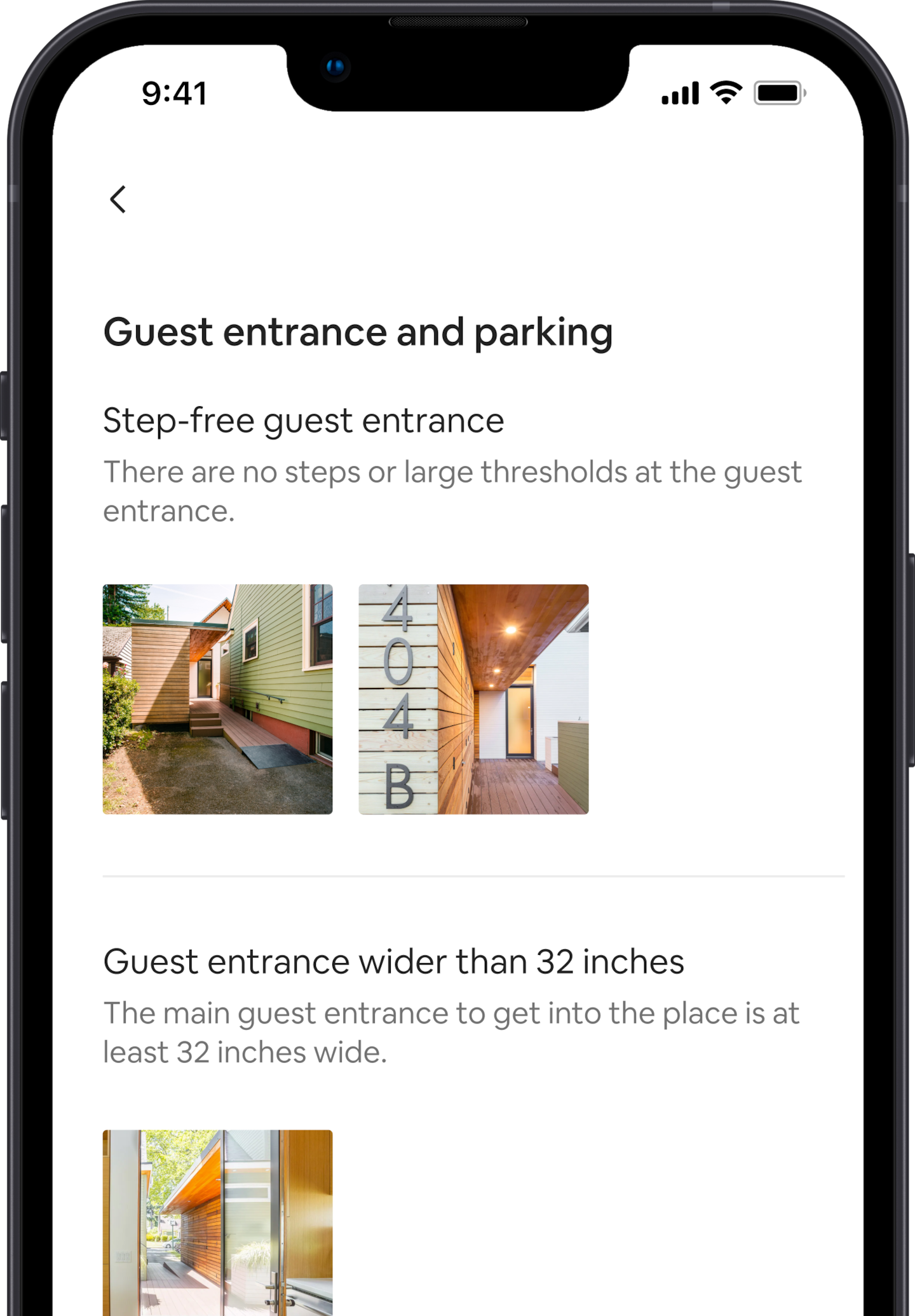 Una pantalla d'un mòbil mostra una sèrie de prestacions d'accessibilitat per a un anunci a Airbnb. La primera diu «entrada sense esglaons per als hostes» i, a sota, mostra imatges que es corresponen amb aquesta prestació. Més avall hi ha una altra prestació d'accessibilitat que diu «entrada per a hostes de més de 81 centímetres», amb la imatge corresponent.