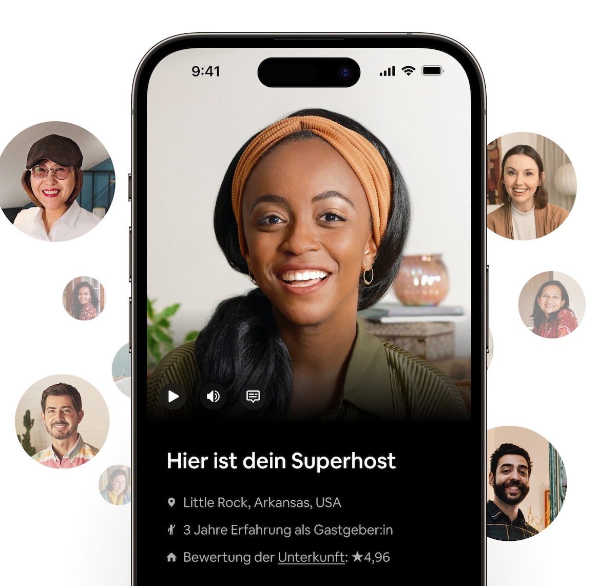 Eine lächelnde Superhost-Gastgeberin in der Airbnb-App. Der Text informiert uns darüber, dass ihr Name Myranda ist, dass sie drei Jahre Erfahrung als Gastgeberin in Little Rock hat und dass sie auf Airbnb mit 4,96 von 5 Sternen bewertet ist.