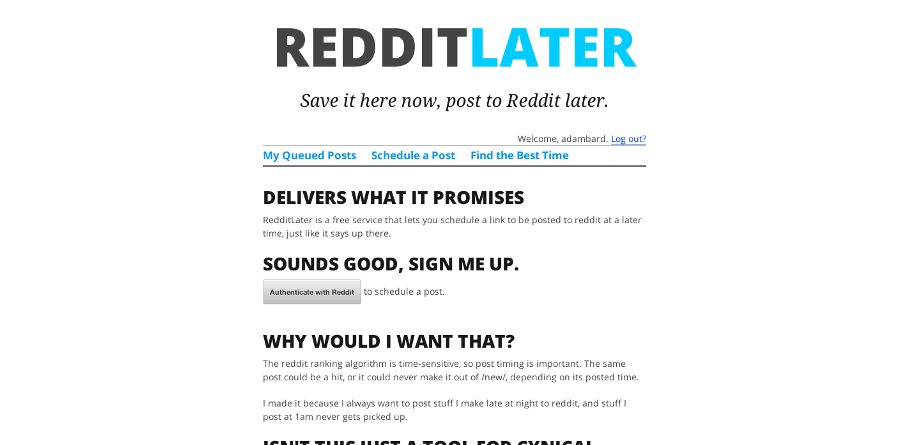 Screenshot of RedditLater.com