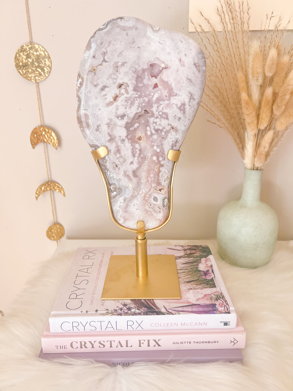 Uniquely Orbicular Patterned Pink Amethyst Slab on Gold Stand