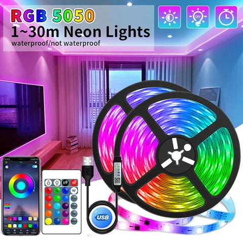 หลอดไฟแถบไฟ LED แบบ USB ควบคุมด้วยแอปไฟ LED RGB 5050หลอดไฟแบบยืดหยุ่นสำหรับไดโอดไฟหลัง hiasan kamar ทีวี