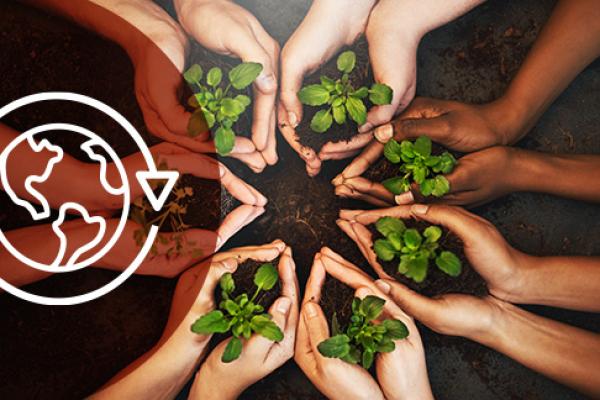 a symbol of the World and seven pairs of hands each holding a plant with soil