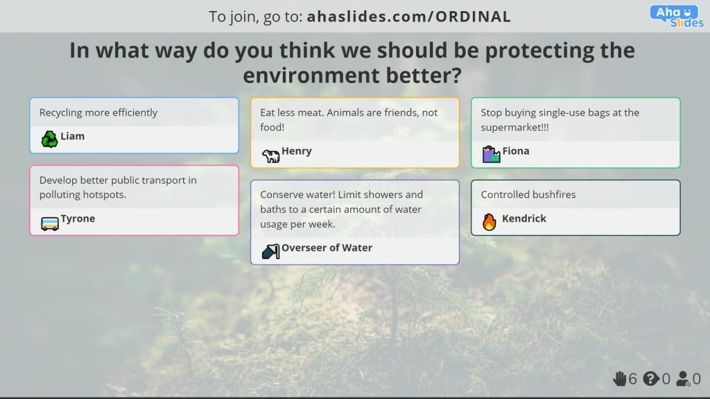 A környezetvédelemmel kapcsolatos nyílt végű közvélemény-kutatás, amelyet az AhaSlides készített.