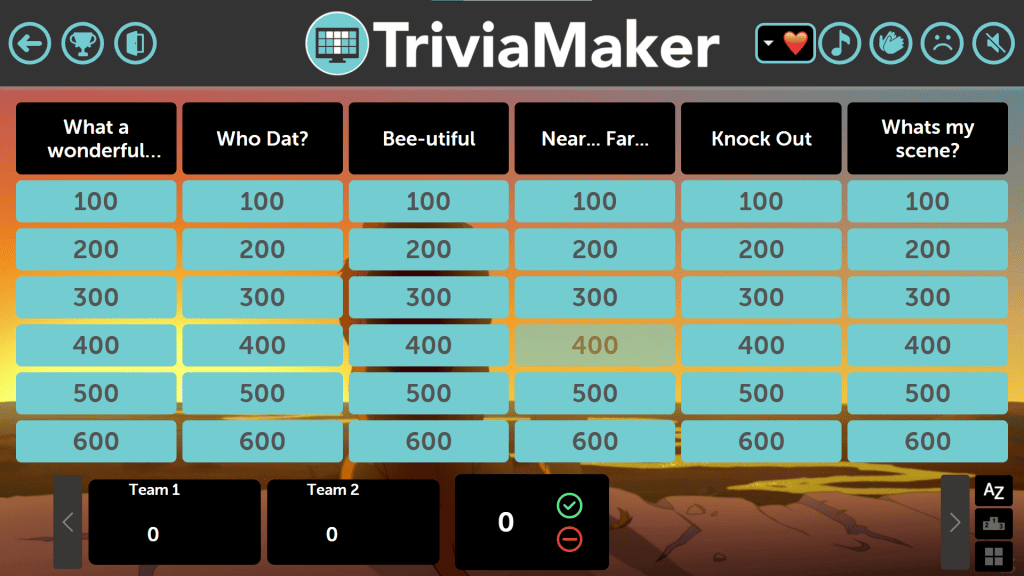 Jeu de style Jeopardy sur TriviaMaker.