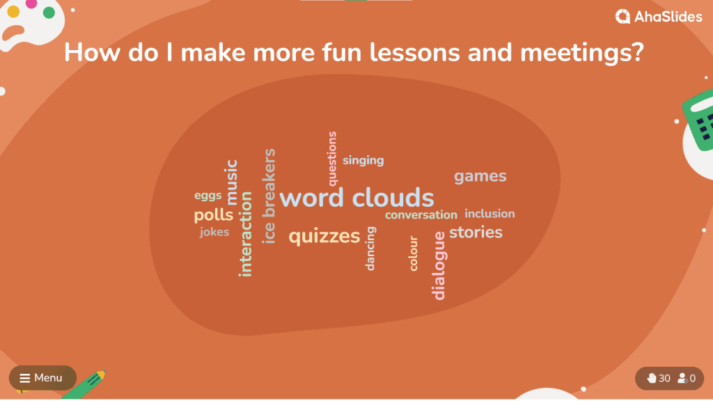 Besedni oblak na AhaSlides z odzivi občinstva med interaktivno predstavitvijo v živo.