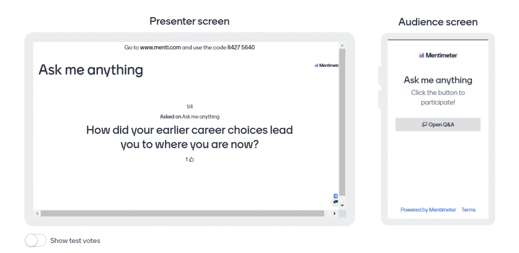 מסך מגיש וקהל במהלך מפגש שאלות ותשובות באמצעות Mentimeter