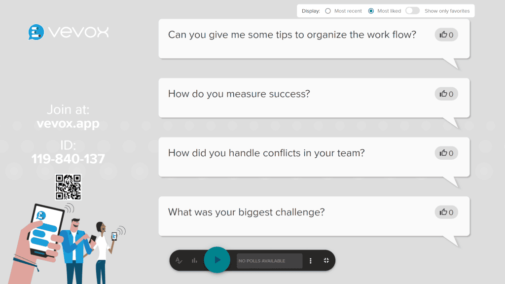רשימת שאלות בשקופית של שאלות ותשובות ב-Vevox, אחת מאפליקציות השאלות והתשובות הטובות ביותר