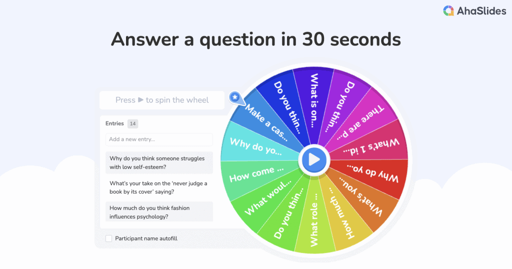 પુખ્ત વયના લોકો માટે ફન આઇસબ્રેકર ગેમ્સ - પ્રશ્નોને રેન્ડમાઇઝ કરવા માટે અહાસ્લાઇડ્સના સ્પિનર ​​વ્હીલનો ઉપયોગ કરો