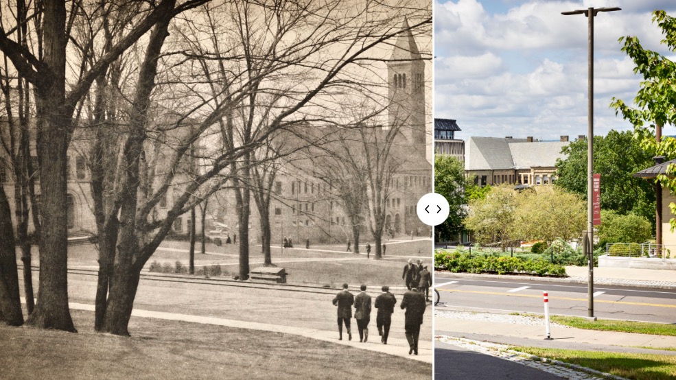 image of old view of edge of Arts Quad and McGraw Tower partially overlaid with new view