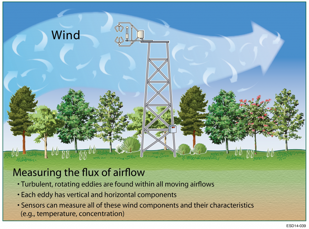 Drawing shows how eddy-covariance instruments capture information. 