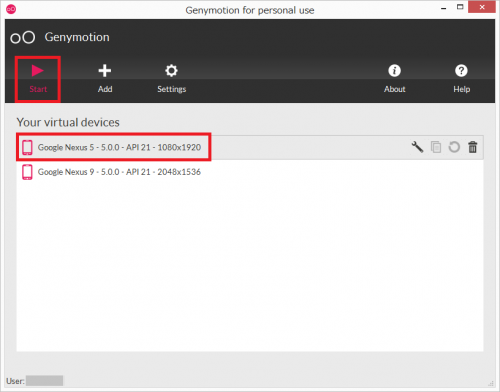 Google Nexus 5を選んで「Start」をクリック