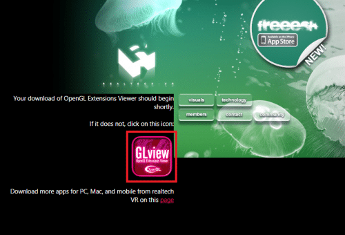 OpenGL Extensions Viewerのダウンロードが自動で始まる。始まらなければ「GLview」をクリックしてダウンロードする