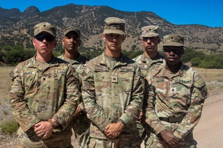The 11th Cyber Battalion "Leviathan" Best Squad Competition team (left to righ) -- Spc. Elias Brooks, Staff Sgt. Andre Hobson, Sgt. Spencer Buckwalter, Spc. Alexander Rivera Santiago, and Spc. Josiah Davis earned top honors in the Army Cyber...
