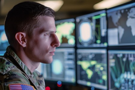Photo illustration of U.S. Army cyber Soldier in operations center.