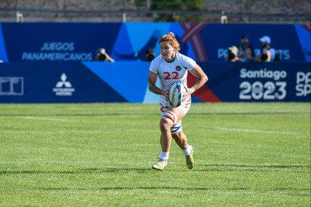 1st. Lt. Sam Sullivan runs upfield during the U.S. Women&#39;s Rugby 7s team&#39;s gold medal match against Canada on Nov. 4 in the Pan American Games in Santiago, Chile. Sullivan helped the U.S. team win the gold medal. (US Army WCAP photo by...