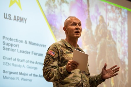 Army Chief of Staff Gen. Randy George provides remarks and responds to questions July 23, 2024, in Lincoln Hall Auditorium during the first day of the first-ever Protection and Maneuver Support Senior Leader Forum, which took place from July 23 to...