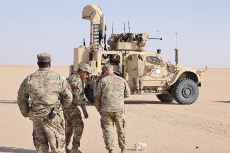 Soldiers test the 30 millimeter, anti-drone turret that is a part of the Mobile-Low, slow, small-unmanned aircraft Integrated Defeat System, Udari Range, Kuwait, on July 30, 2023. Mounted on two mine-resistant, ambush-protected all-terrain...