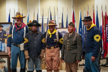 Members of the Kansas City Buffalo Soldiers Chapter pose for a photo at the Fort Leavenworth Buffalo Soldiers Day Ceremony July 26.  Many of the Soldiers assigned to the Buffalo Soldiers following the Civil War were former slaves that played a...