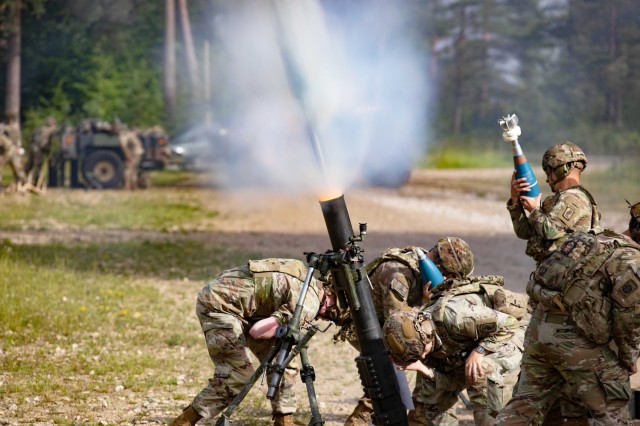 U.S. Army Soldiers conduct a fire mission at a mortar fire point in Grafenwoehr Training Area, Germany, July 1, 2024. The 7th Army Training Command provides and projects ready, combat credible forces to U.S. Army Europe and Africa and U.S....