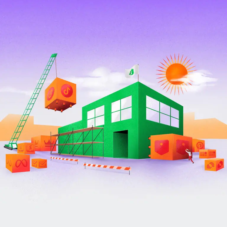 Ilustração de uma loja em construção rodeada de caixas, andaimes e uma grua. Cada caixa possui o logótipo de uma aplicação diferente.