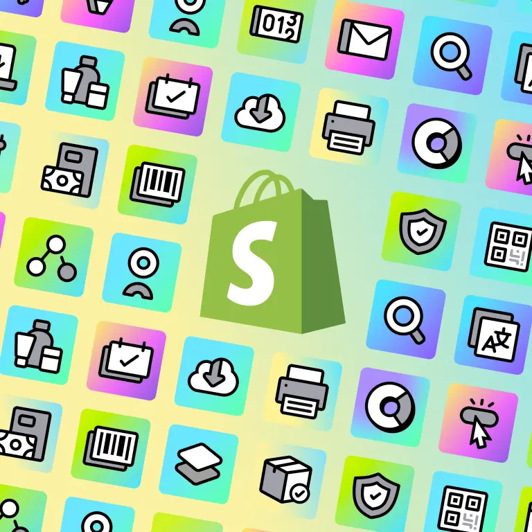 Obraz logo Shopify w centrum, z siatką ikon na drugim planie pod kątem i gradientowym tłem.
