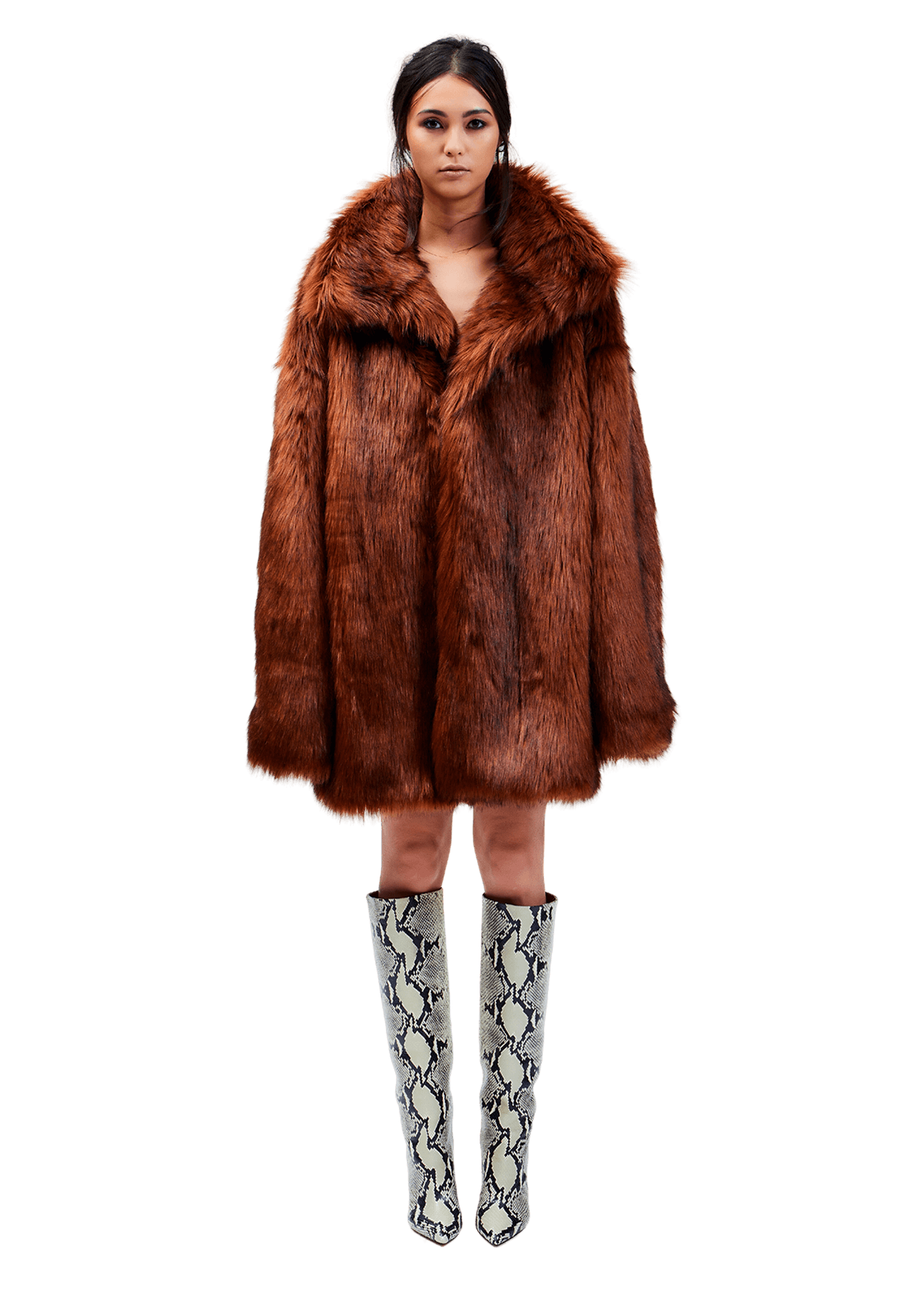 Model wears Faux Fur Rune Coat in M/L - Front View