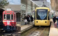 名鉄の複電圧車㊧と、えちぜん鉄道のLRT