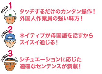 ポイント１：タッチするだけのカンタン操作！ 外国人作業員の強い味方！／ポイント2：ネイティブが母国語を話すからスイスイ通じる！／ポイント3:シチュエーションに応じた 適確なセンテンスが満載！