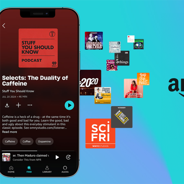 Amazon Music Podcasts app interface, displaying podcast recommendations