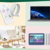 Smiling woman opening box,  fitness tracker, a laptop, stylish living room interior, kids' tablet