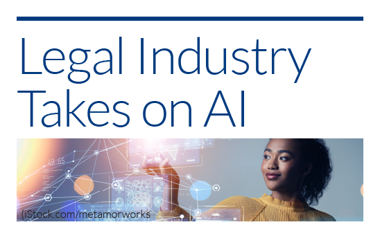 Promo that says Legal Industry Takes on AI on top of an image of a woman manipulating AI icons