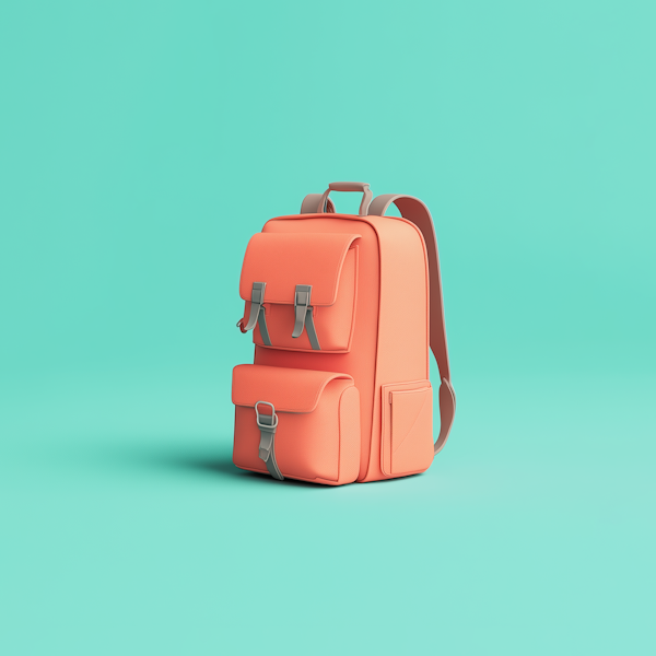 Coral Colored Backpack Against Teal Background