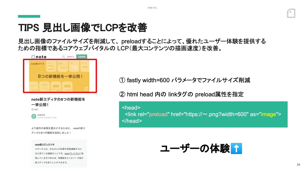 スライド：見出し画像のLCPを改善。見出し画像のファイルサイズを削減して、preloadすることによって、優れたユーザー体験を提供するための指標であるコアウェブバイタルのLCP（最大コンテンツの描画速度）を改善。