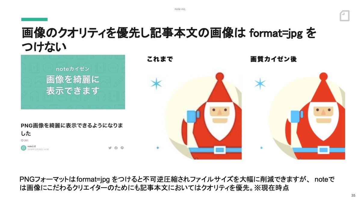 スライド：画像のクオリティを優先し記事本文の画像は format=jpg をつけない。PNGフォーマットはformat=jpg をつけると不可逆圧縮されファイルサイズを大幅に削減できますが、noteでは画像にこだわるクリエイターのためにも記事本文においてはクオリティを優先。※現在時点