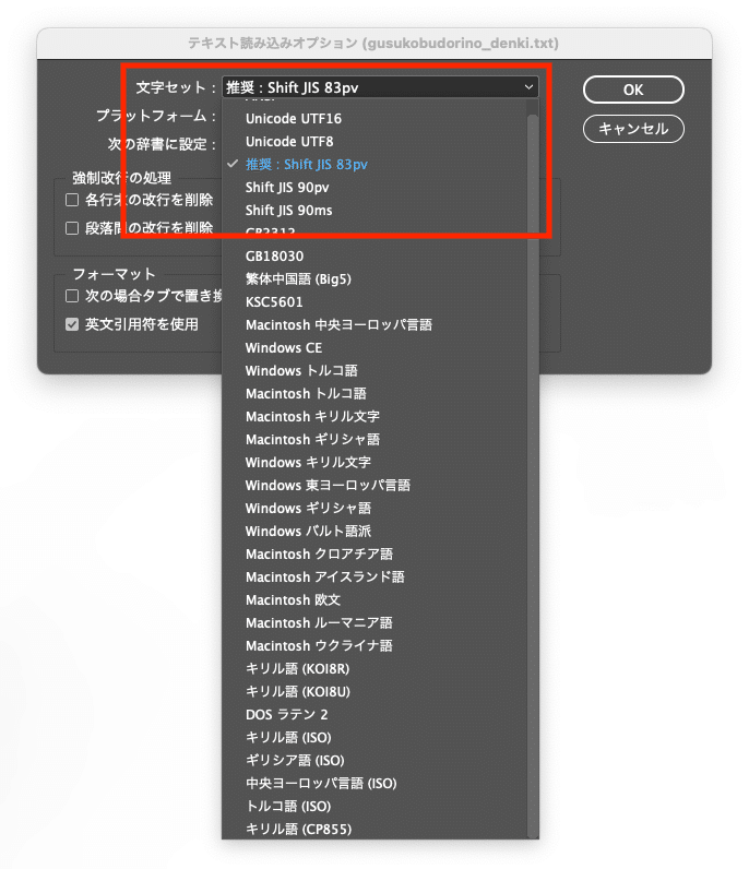 テキスト読み込みオプションで文字セットを表示した様子