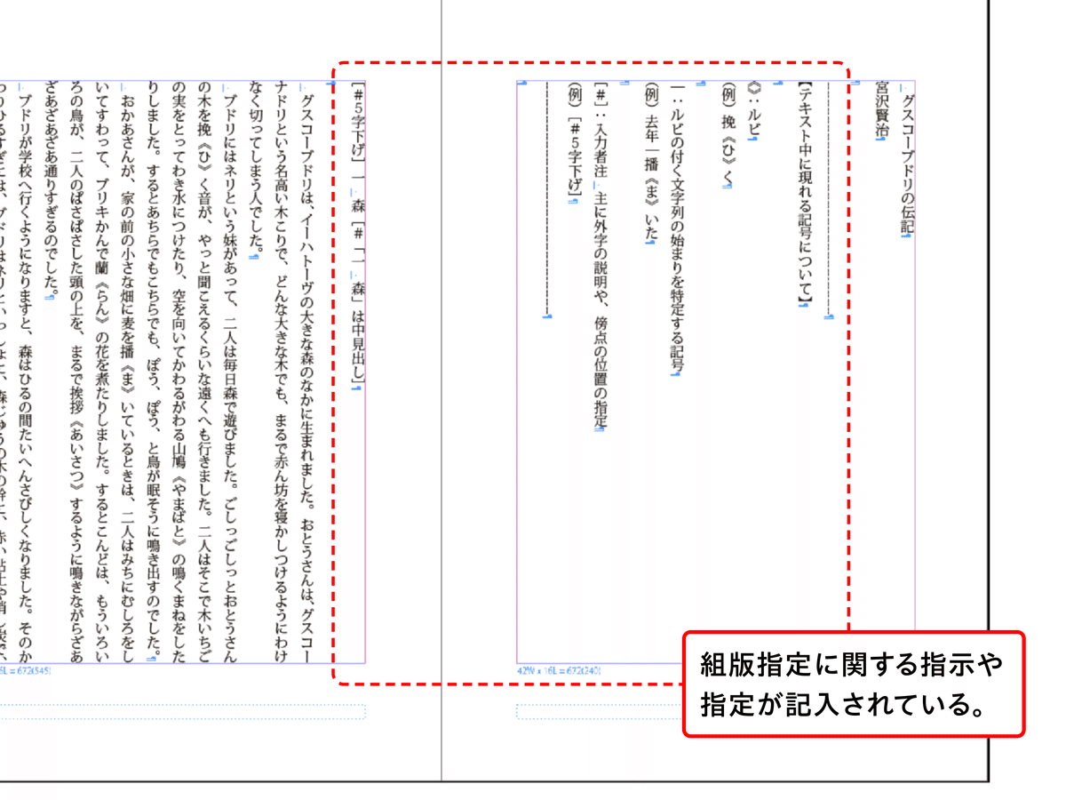 作例のテキスト冒頭には、組版指定に関する指示や指定が記入されている