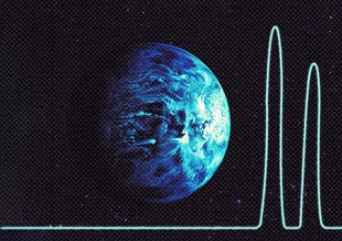 The image shows Earth at center on a blue-tinted starry background. A spectra in light blue resembling the readout of a heartbeat monitor runs along the bottom.
